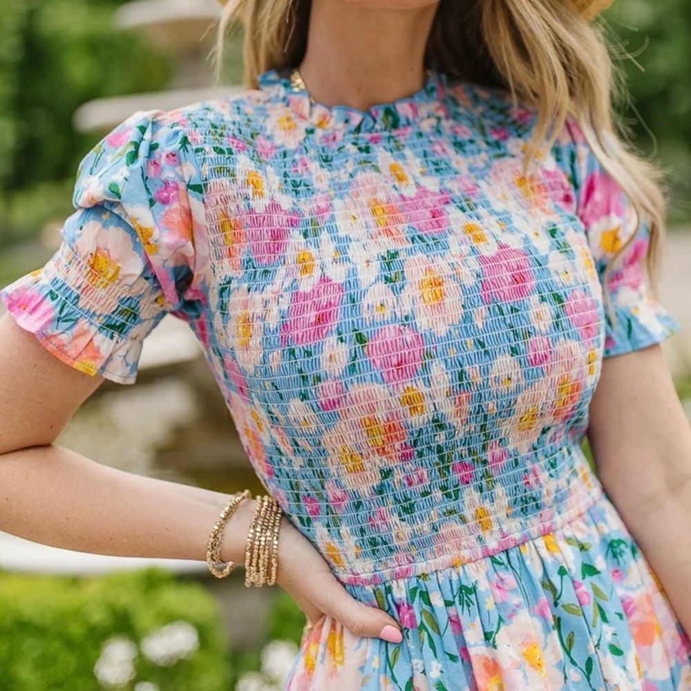 Ivy City Co 2x Delia Smocked Puff-Sleeve Midi Dress in Floral Blue NWT Feminine - Picture 2 of 12